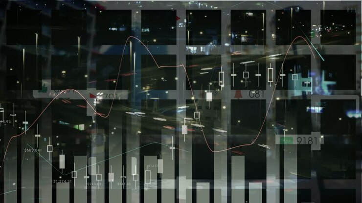 Animazione dell'elaborazione di dati finanziari su un paesaggio urbano notturno
