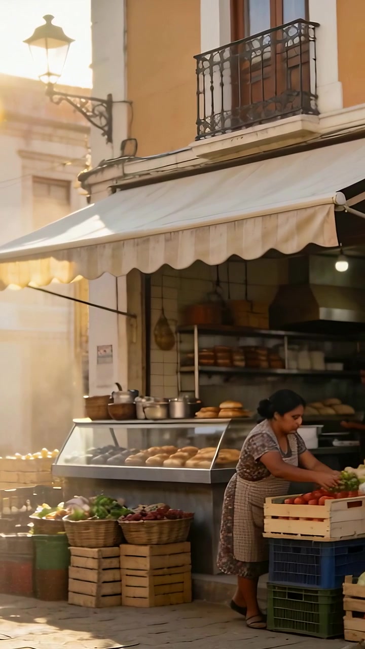 Video verticale: Arriva una consegna, uomini con grembiule sistemano casse alla bancarella mentre un venditore rifornisce di frutta.