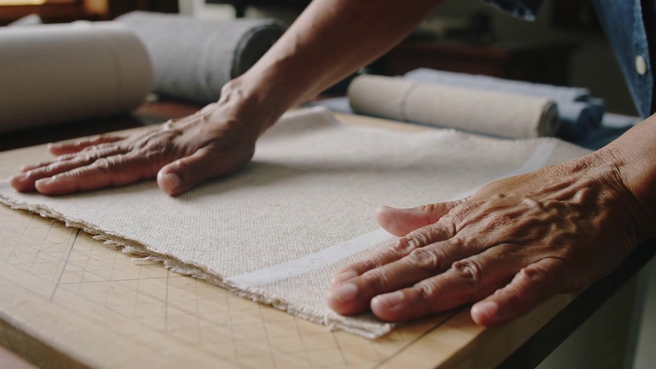 Mani che lisciando il tessuto denim, appoggiano i palmi, premendo e allineando il tessuto intrecciato su un tappetino a griglia per il cucito.