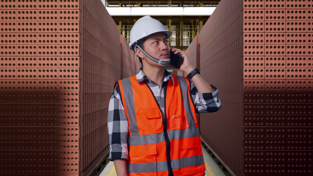 Asian Male Engineer With Safety Helmet Talking On Smartphone While Standing With Red Brick Packed in Stacks Are Stored