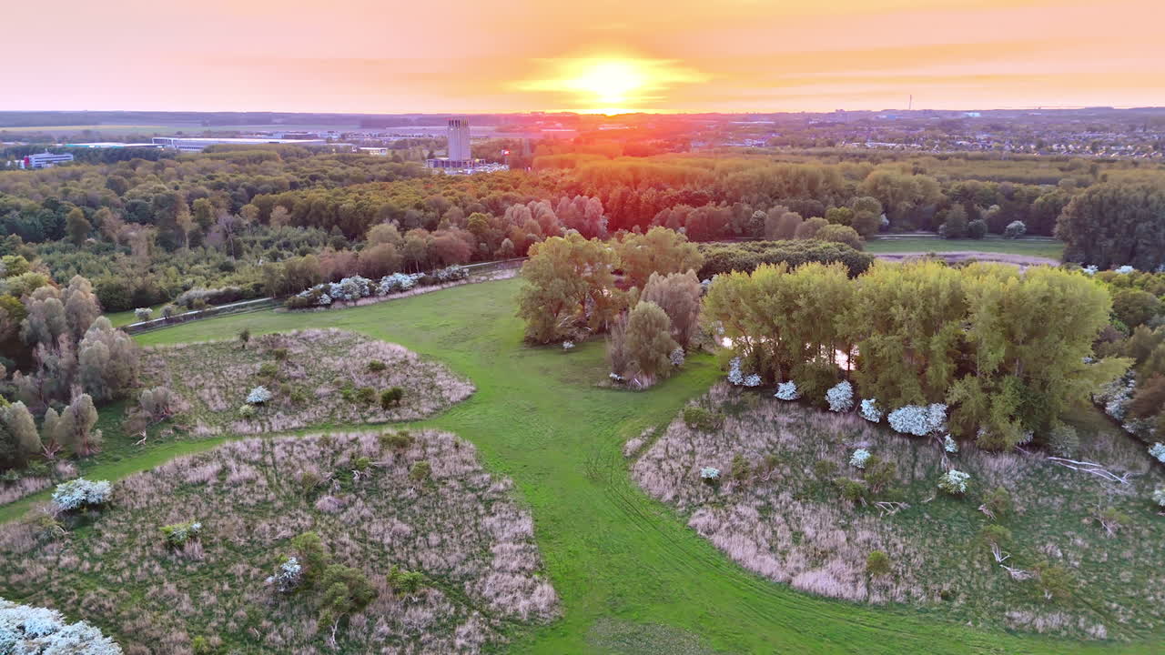 Flight over the meadow in the green woods. Populous area at backdrop. Setting sun in the sky over the scenery.