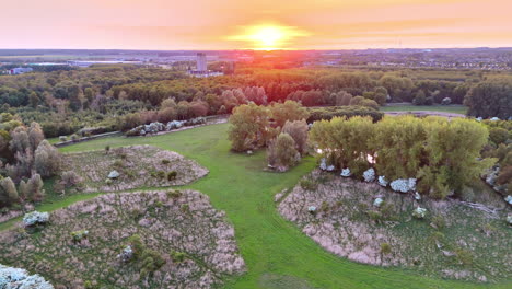 flight over the meadow in the green woods. populous area at backdrop. setting sun in the sky over the scenery.