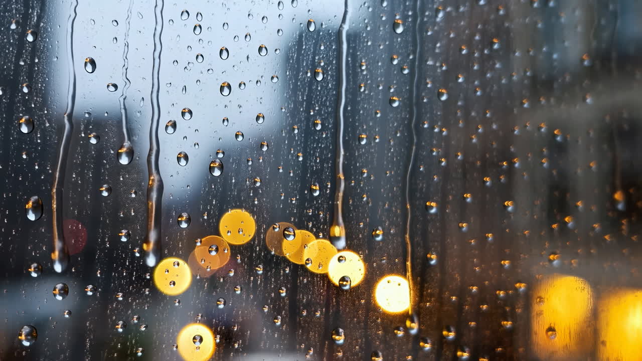 窓に落ちる雨粒と、ぼやけた街の灯り