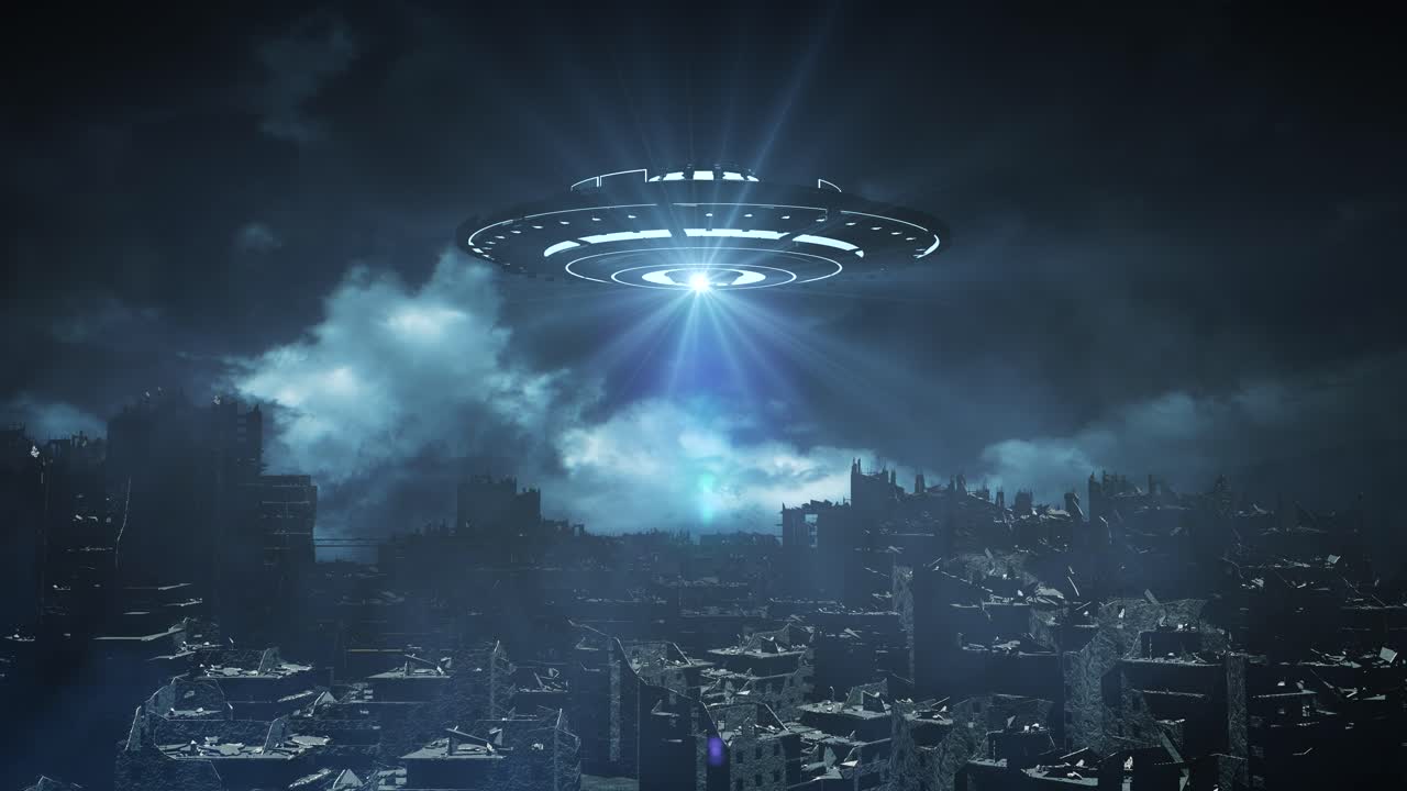 UFO over en ødelagt by