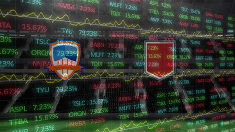 animation of team emblems and data processing on interface, over sports stadium