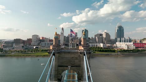 Aerial-Fly-Over-Bridge-Tower-Toward-Downtown-Cincinnati,-Ohio