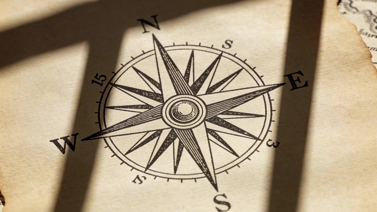 Shifting window shadows moving across compass rose on aged parchment, revealing torn map edge