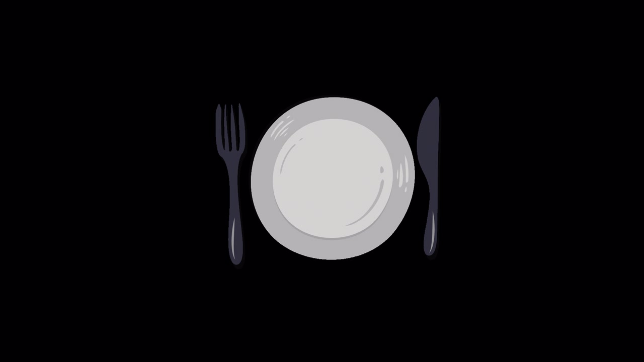 Animated Fork, Knife, and Plate Appearing on Black Background