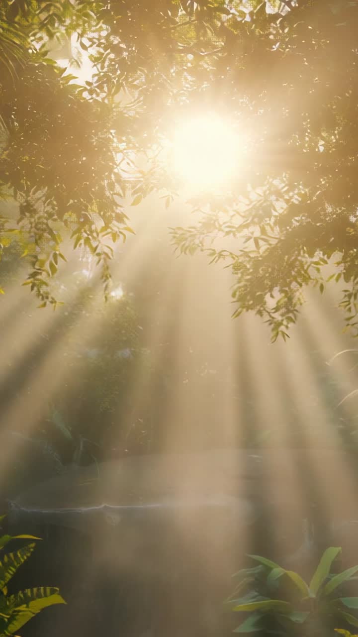 Vertical video: Peeking morning sun sending golden beams through tree canopy at garden, with mist