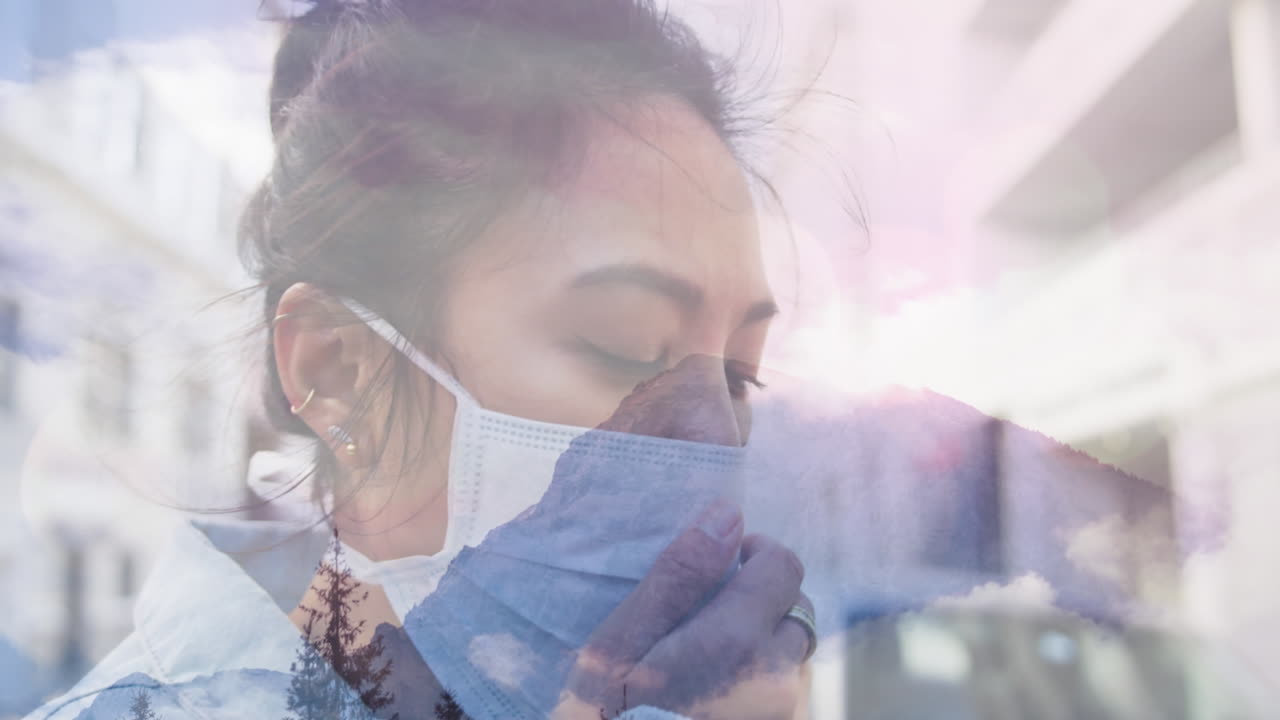 겨울 풍경 에 비해 얼굴 마스크 를 착용 한 여자 의 애니메이션