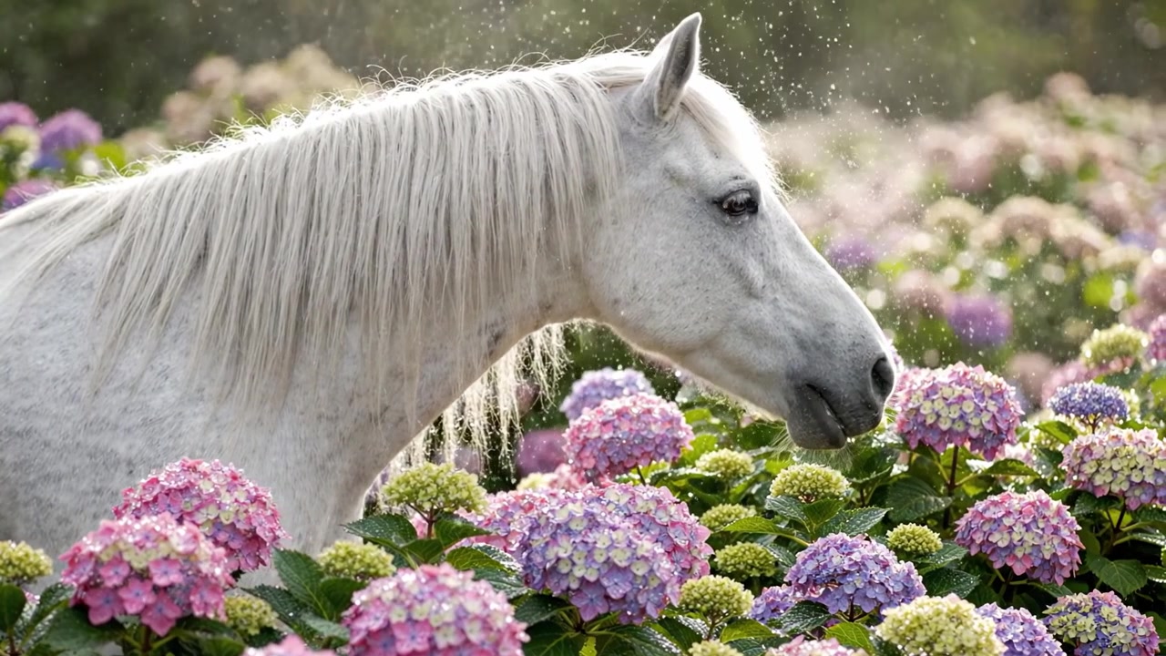 A Serene White Horse Amidst Vibrant Hydrangea Blooms in a Sunlit Garden Setting, Capturing the Beauty of Nature and Tranquility in the Moment