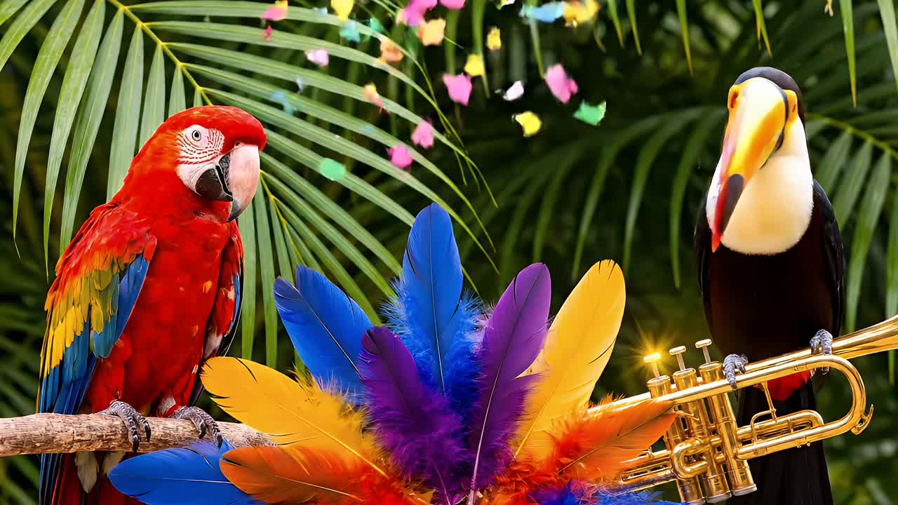 Vibrant tropical carnival scene with macaw toucan trumpet and colorful feathers