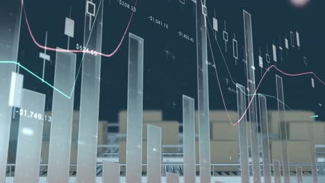 Statistical-data-processing-against-multiple-boxes-on-conveyor-belt-against-blue-background