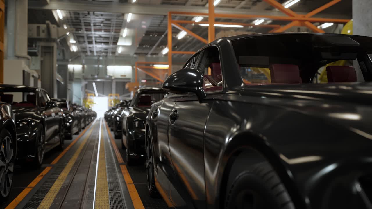 interior de la fábrica de automóviles. carrocería de color negro en una línea de ensamblaje de automóviles planta industrial, fábrica de automóbiles, instalación de fábrica de producción de automóviles