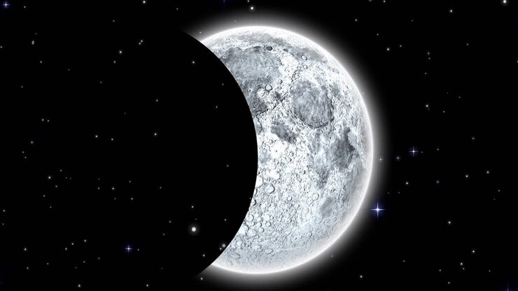 Animação de lua movendo-se sobre estrelas em fundo preto