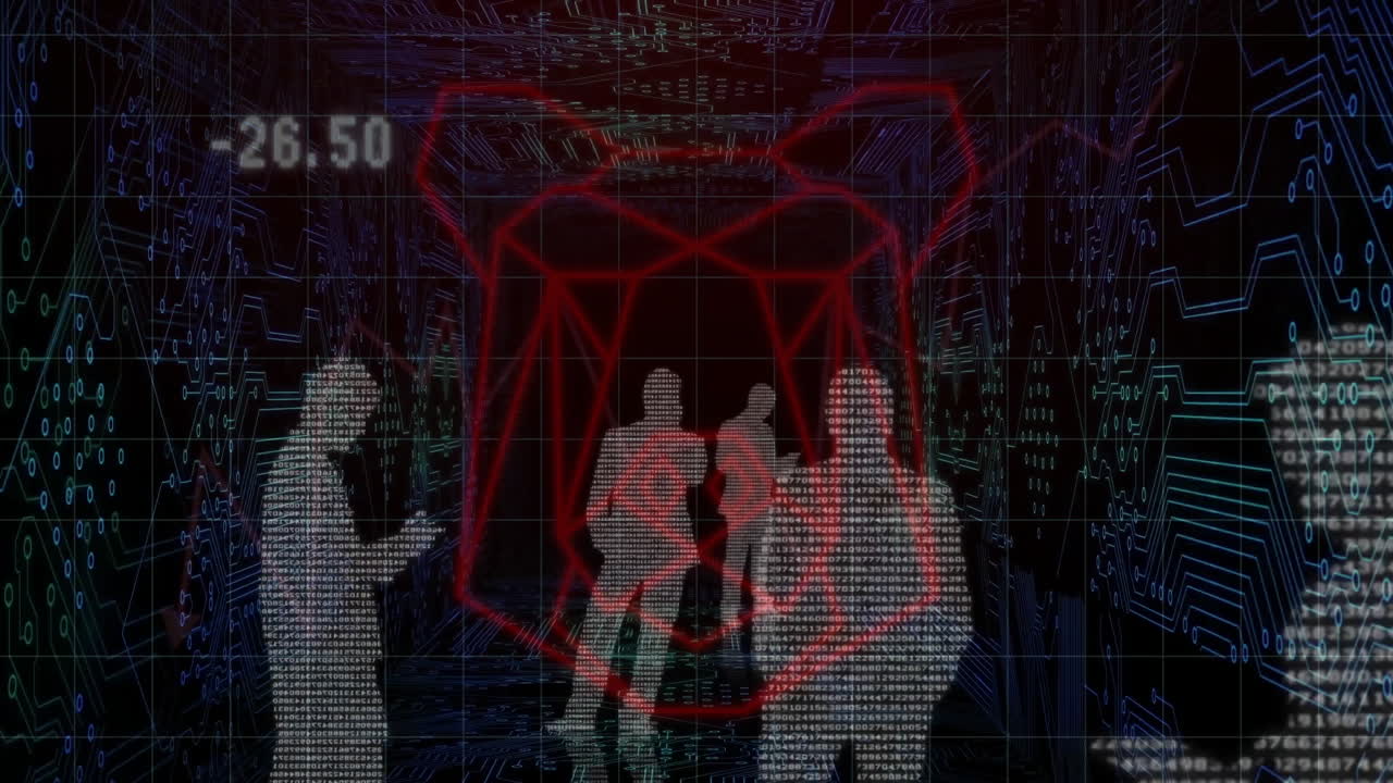 figuras digitales y animación de procesamiento de datos sobre personas que caminan en el pasillo