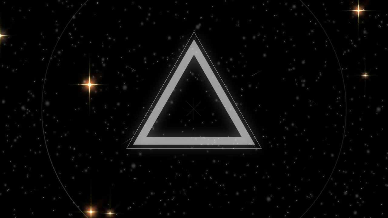 Upon cosmic sparkles appearing, glowing ring fading triangle and rotating dashes for looping reveal