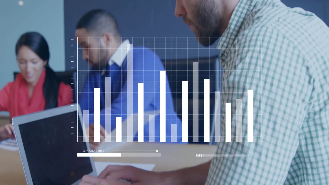Animation of data processing over diverse colleagues working in office