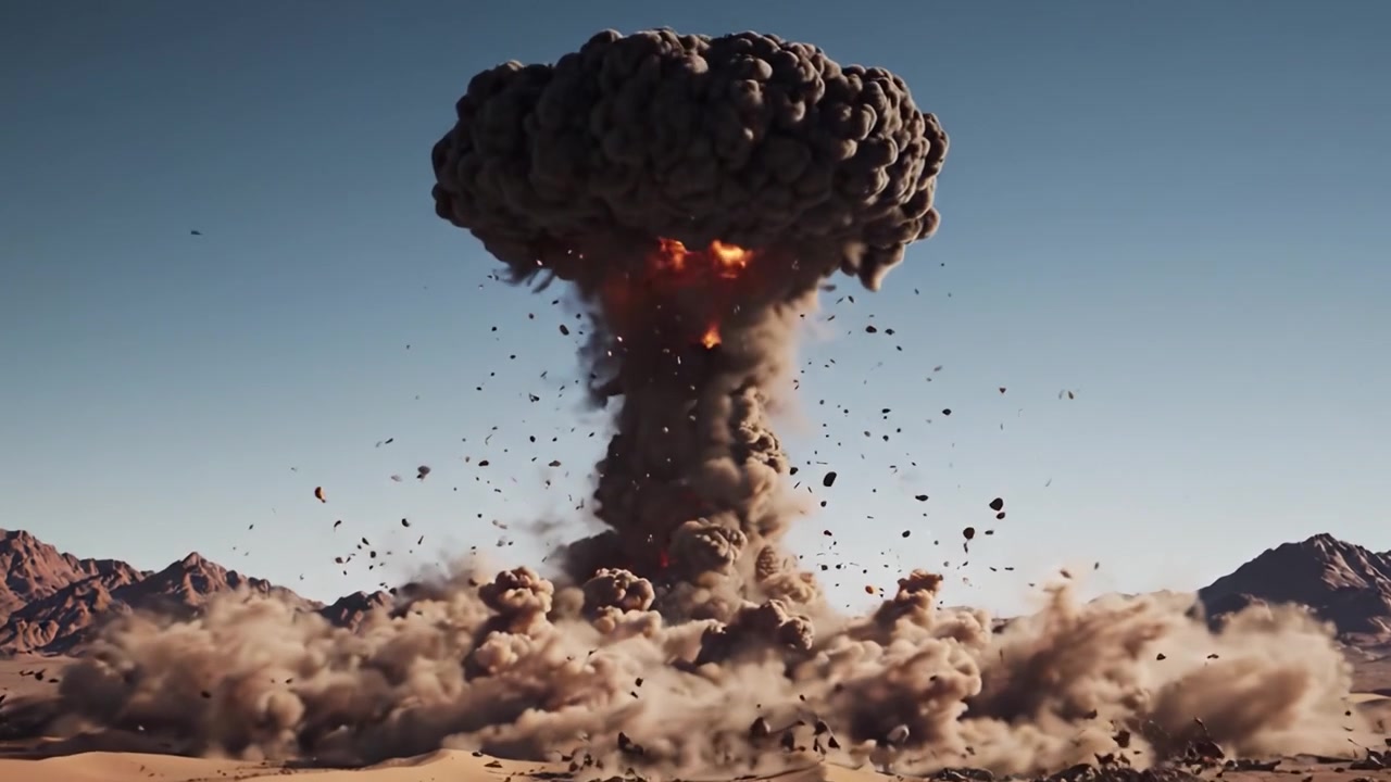Eine gewaltige Explosion in einer Wüstenlandschaft: Die Faszination einer Detonation in kargem Gelände mit bergiger Kulisse und aufsteigendem Rauch.