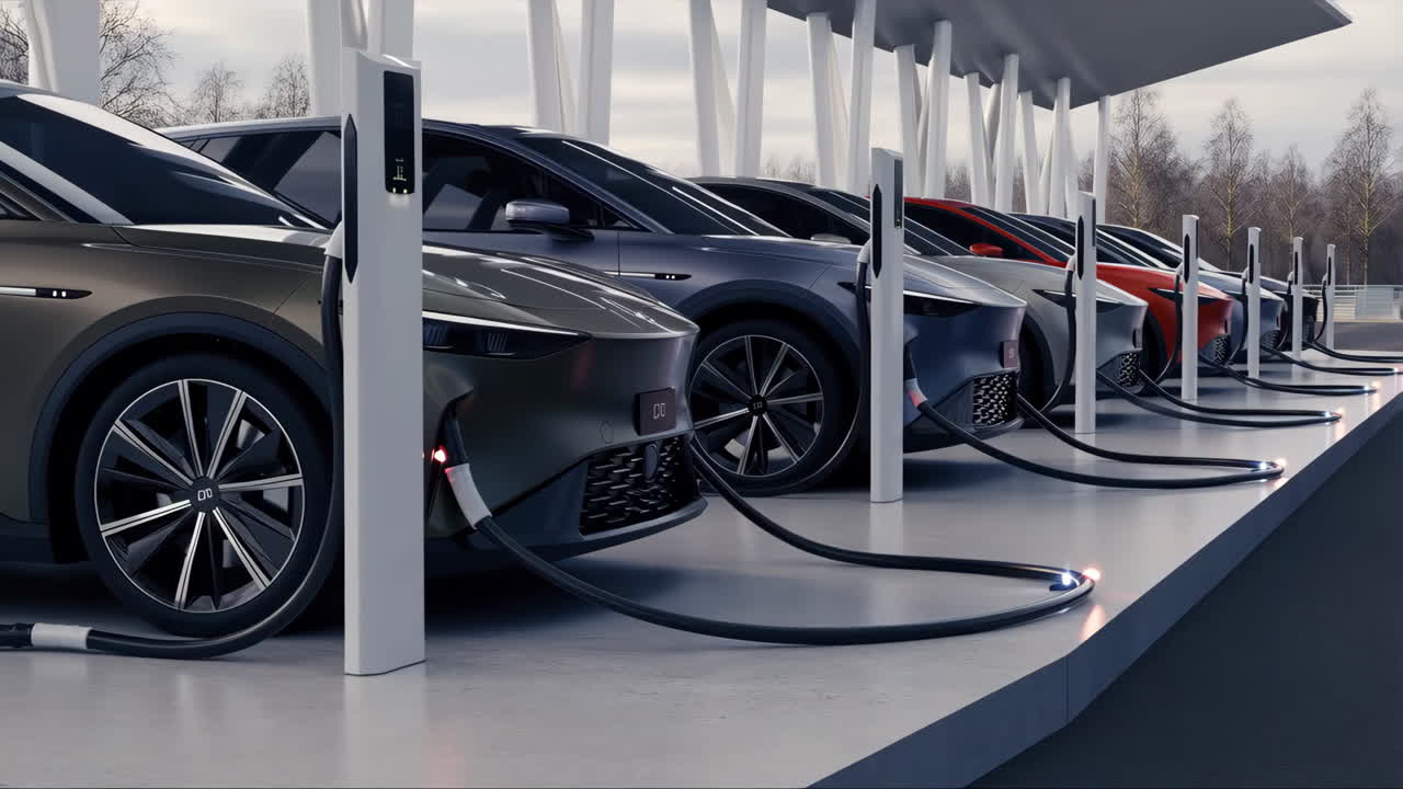 Electric Cars Charging at a Modern Charging Station
