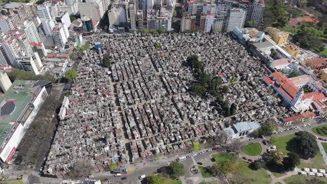 aerial shot of recoleta cementery - buenos aires in argentina on a sunny day, pan shot, view from above