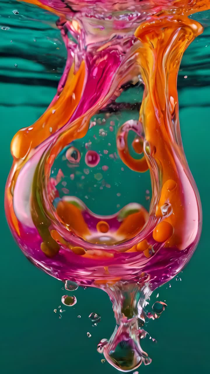 Floating orange and pink colored bubbles moving in water on a dark green background
