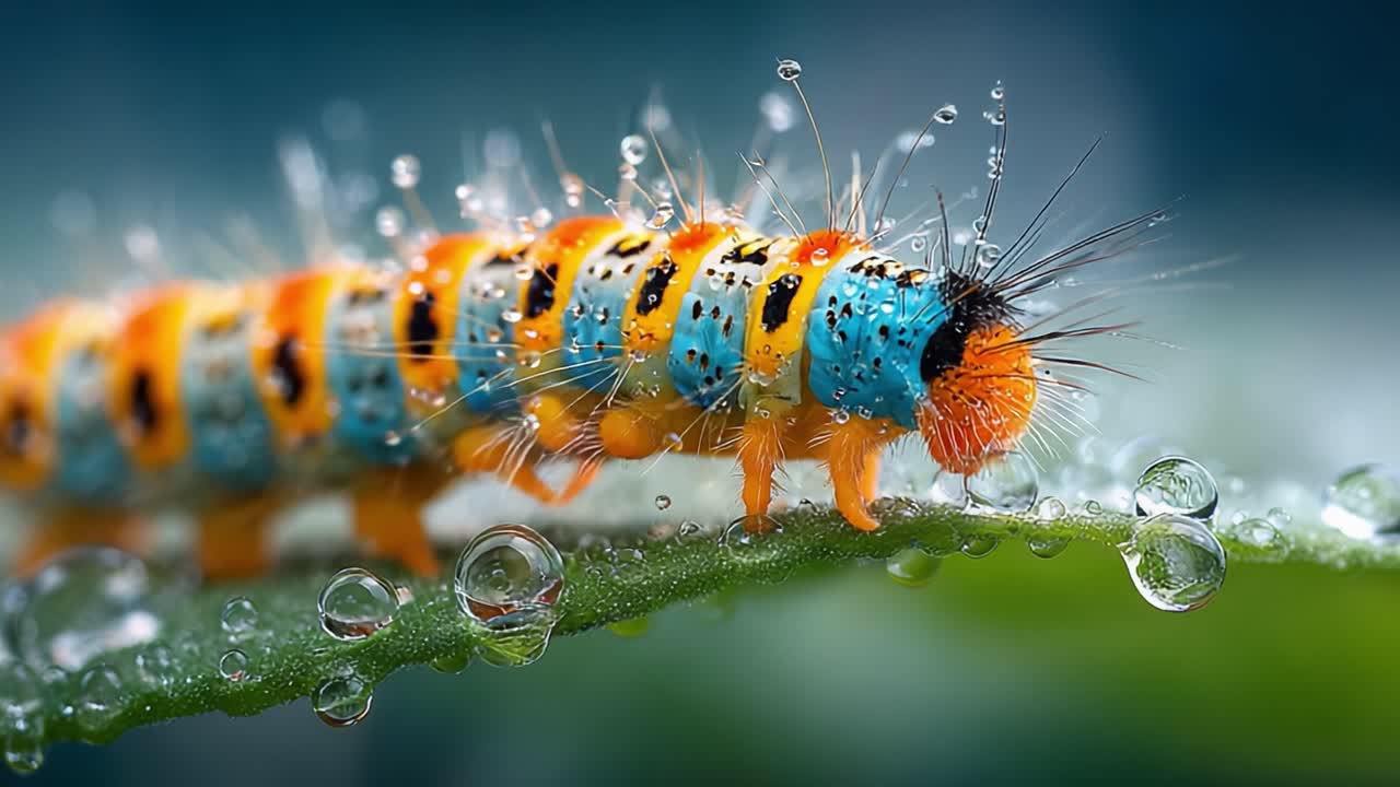 A Close-Up View of a Vibrantly Colored Caterpillar Surrounded by Droplets of Water on a Leaf, Showcasing Its Unique Patterns and Textures