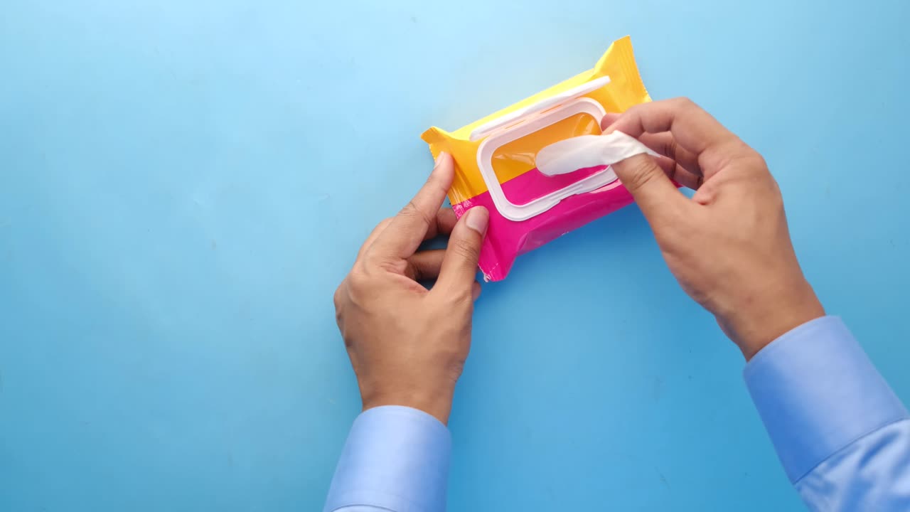 persona que abre un paquete de toallitas húmedas