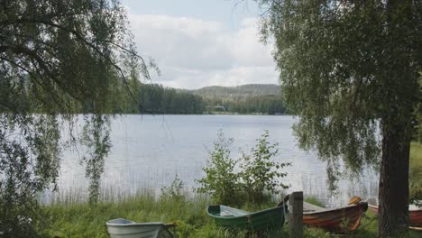 lake landscape with boats and trees in jyväskylä, finland forest