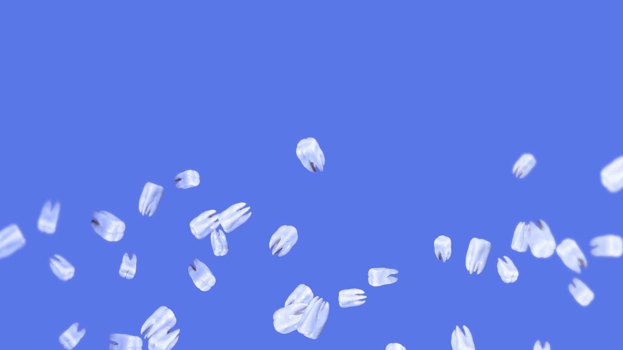 파란색 바탕에 많은  이빨을 날아. 치과 관리 개념. 치아 회전의 3d 애니메이션. 루프 애니메이션.