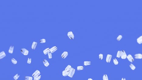 volando muchos dientes blancos sobre un fondo azul. concepto de cuidado dental. animación 3d de la rotación de los dientes. animación de bucle.