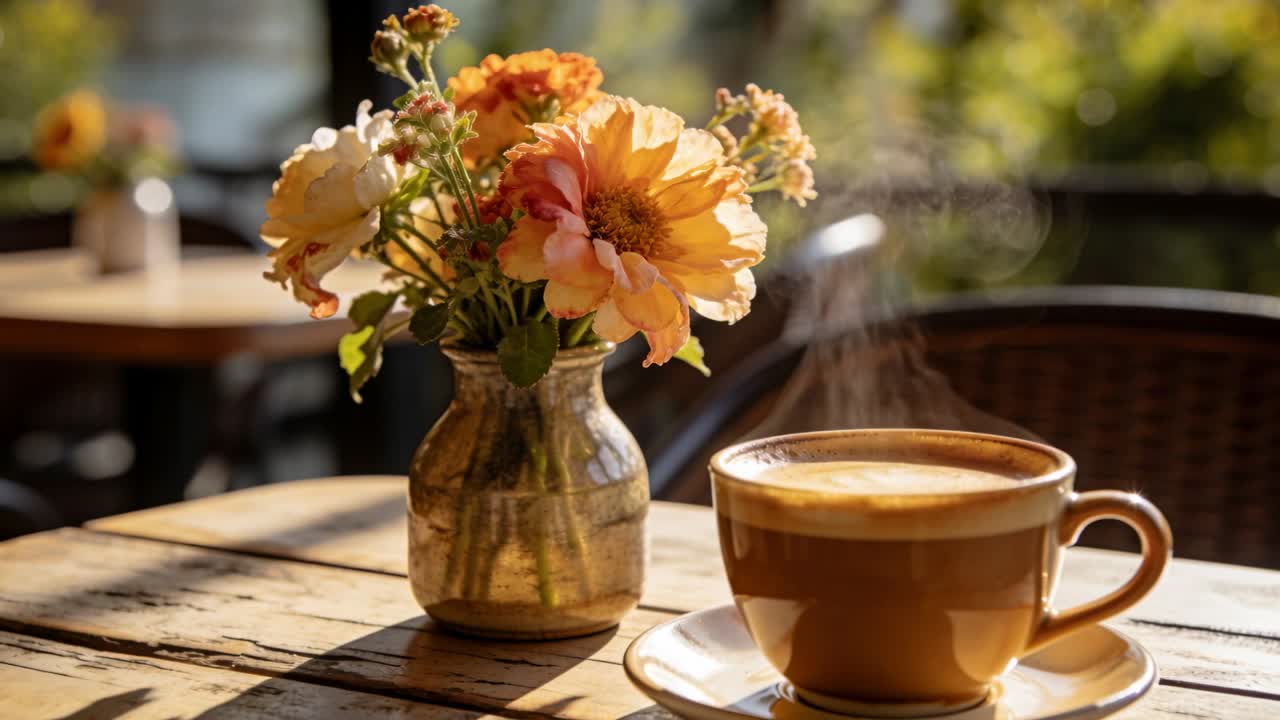 Liberando vapor rizador después de servir, una taza marrón, un jarrón de latón y flores de durazno resplandecientes en el soleado patio de un café.