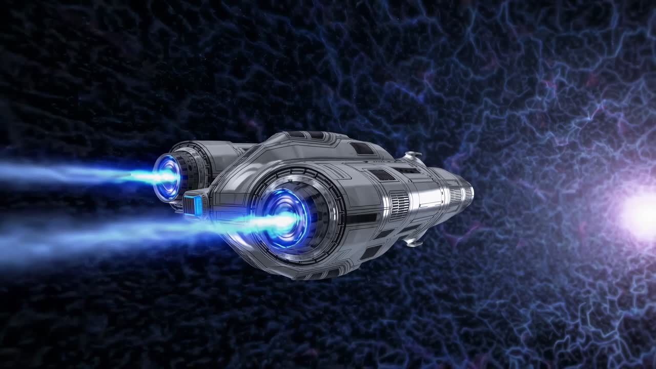 Futuristic spaceship with glowing engines in deep space, captured from a rear angle