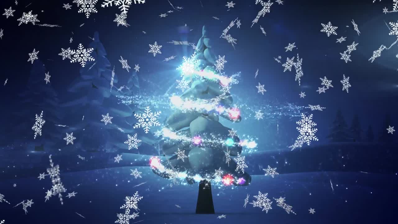 冬の背景にある流れ星とクリスマスツリーの上に雪の結晶が舞い落ちるアニメーション