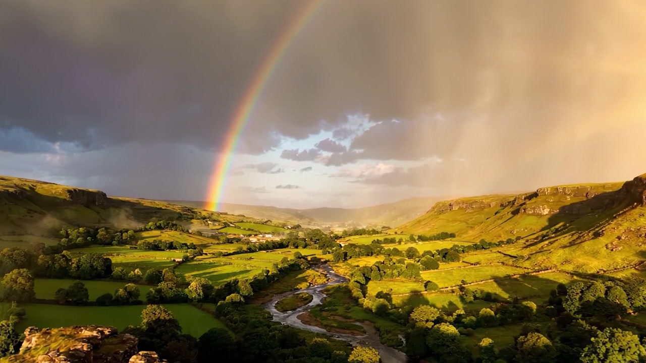 A Stunning Panoramic View of a Lush Green Valley Under a Vivid Rainbow, Capturing the Beauty of Nature After a Refreshing Rain Shower
