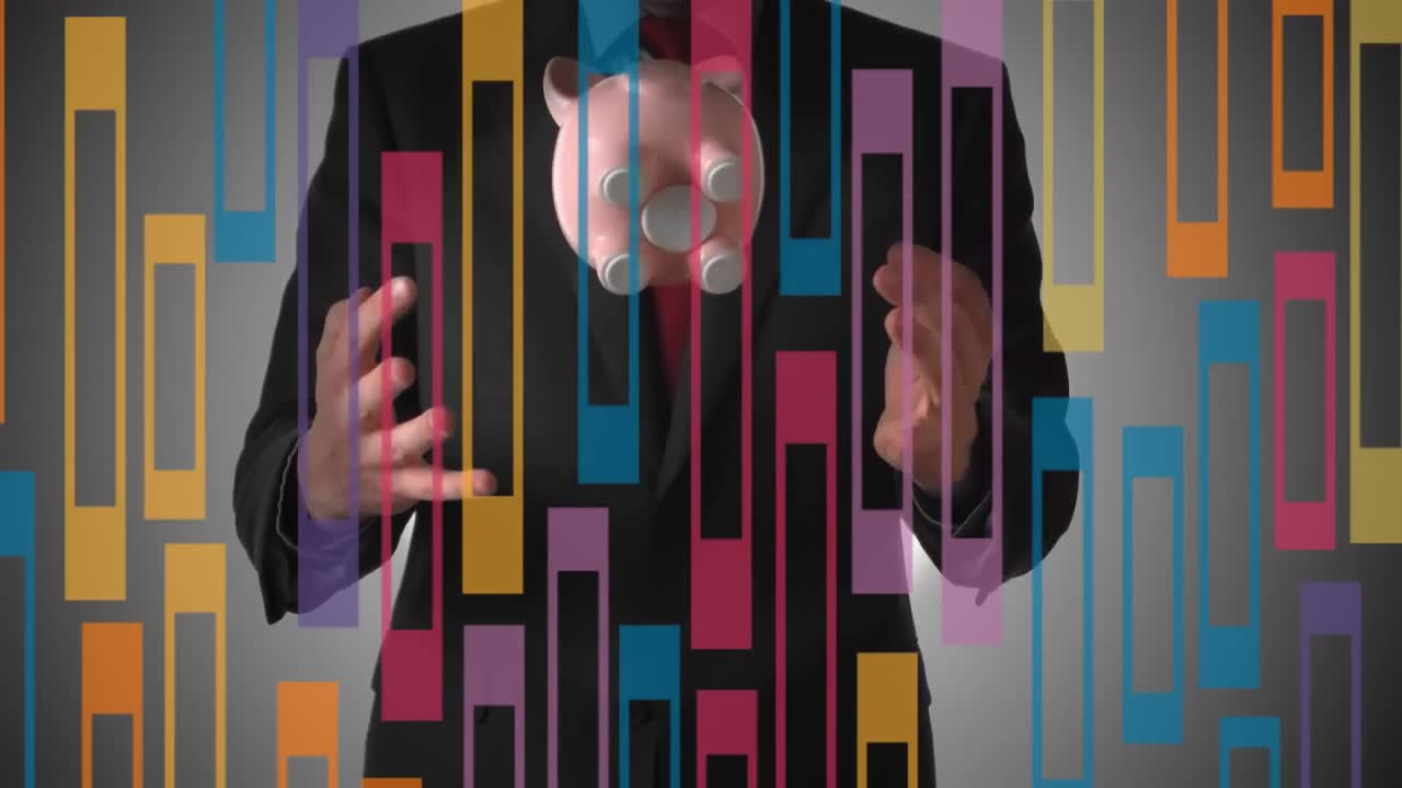 animación del patrón sobre la sección media del hombre de negocios lanzando y atrapando la alcancía