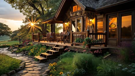 cozy wooden cottage surrounded by vibrant flowers at sunset