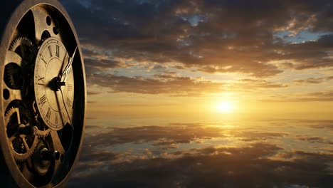 a mesmerizing blend of time and nature: a vintage clock overlooking a stunning sunset reflected on tranquil waters, capturing the essence of time passing beautifully