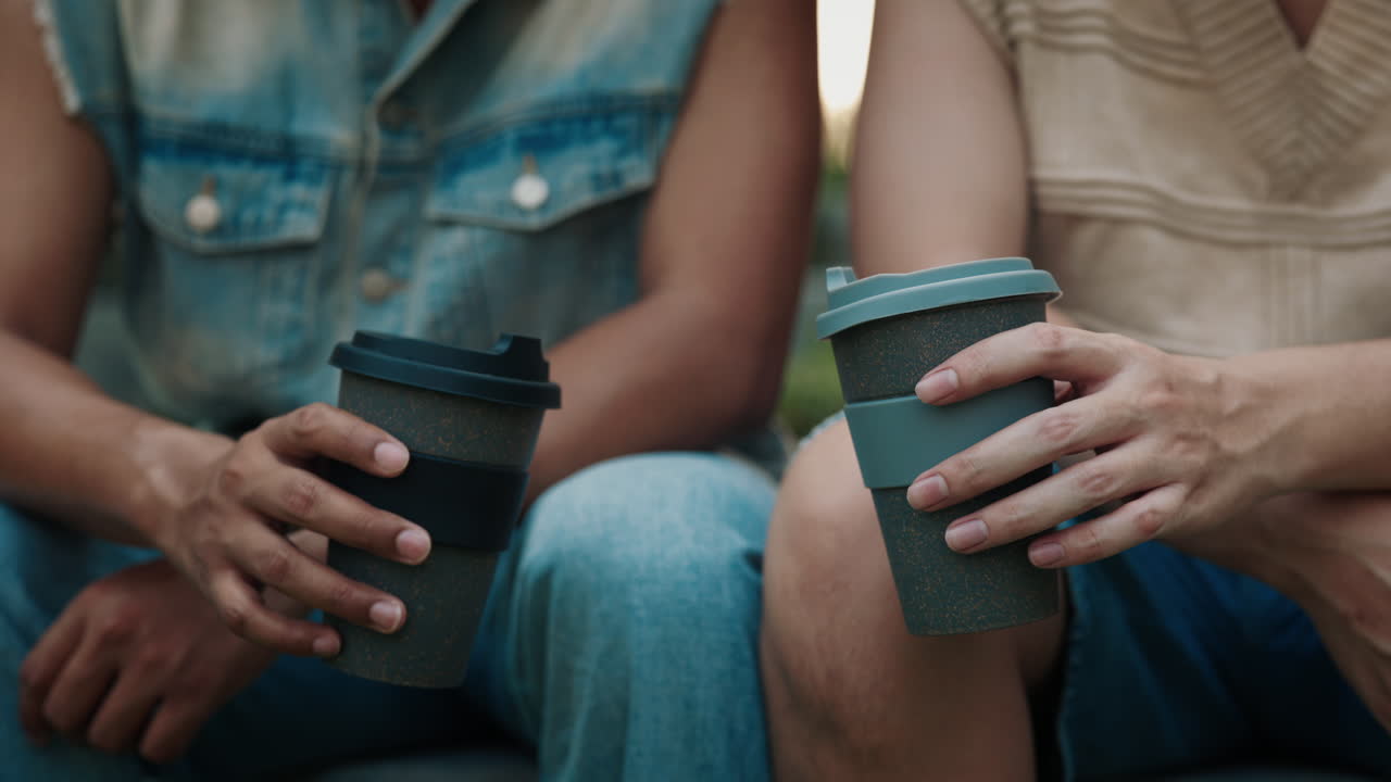People enjoying coffee from reusable cups