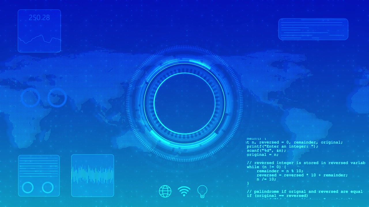 Global digital dashboard interface visual with blue world map circular hud data cards code and