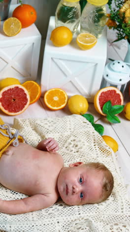 adorable baby boy lies among juicy cut citruses. cute infant lies on the pillow looking up. studio footage. vertical video