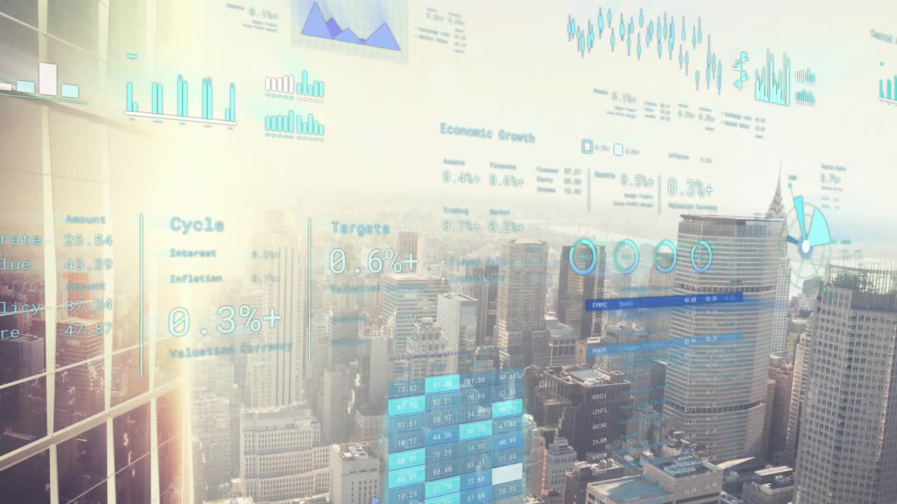 都市風景上の金融データ処理のアニメーション