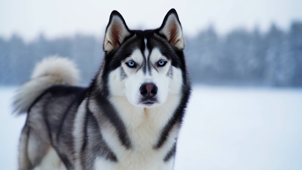 Siberian Husky Standing In Snow, Piercing Blue Eyes And Thick Fur Coat, Forest And Frozen Lake Backdrop, Alert