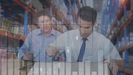 animation of statistics and financial data processing over men working in warehouse