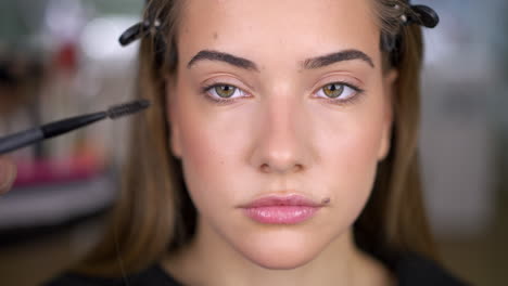 close-up of a young woman getting eye makeup applied