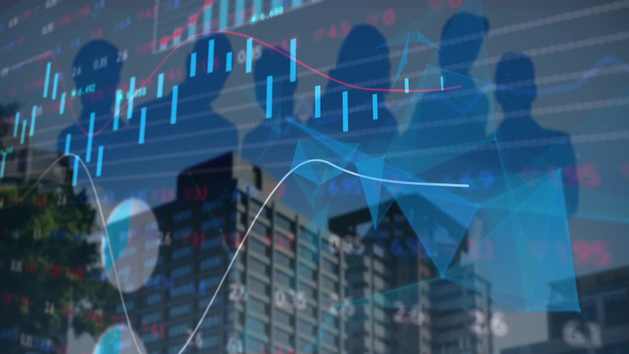 Animation of triangles, graphs and trading board with people shadow and modern building