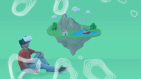 Animation of sustainability concept over boy wearing vr headset over green background