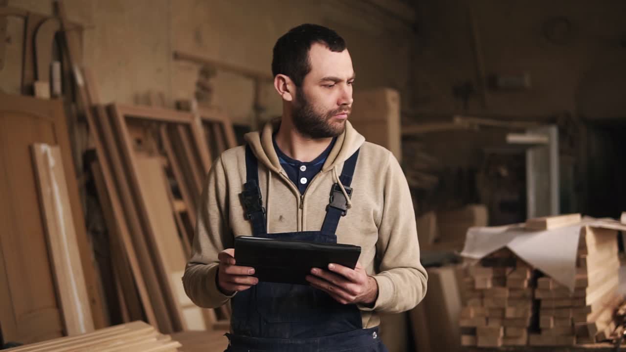 Un giovane uomo con la barba cammina per la falegnameria con un tablet in mano. Si guarda intorno, valuta.