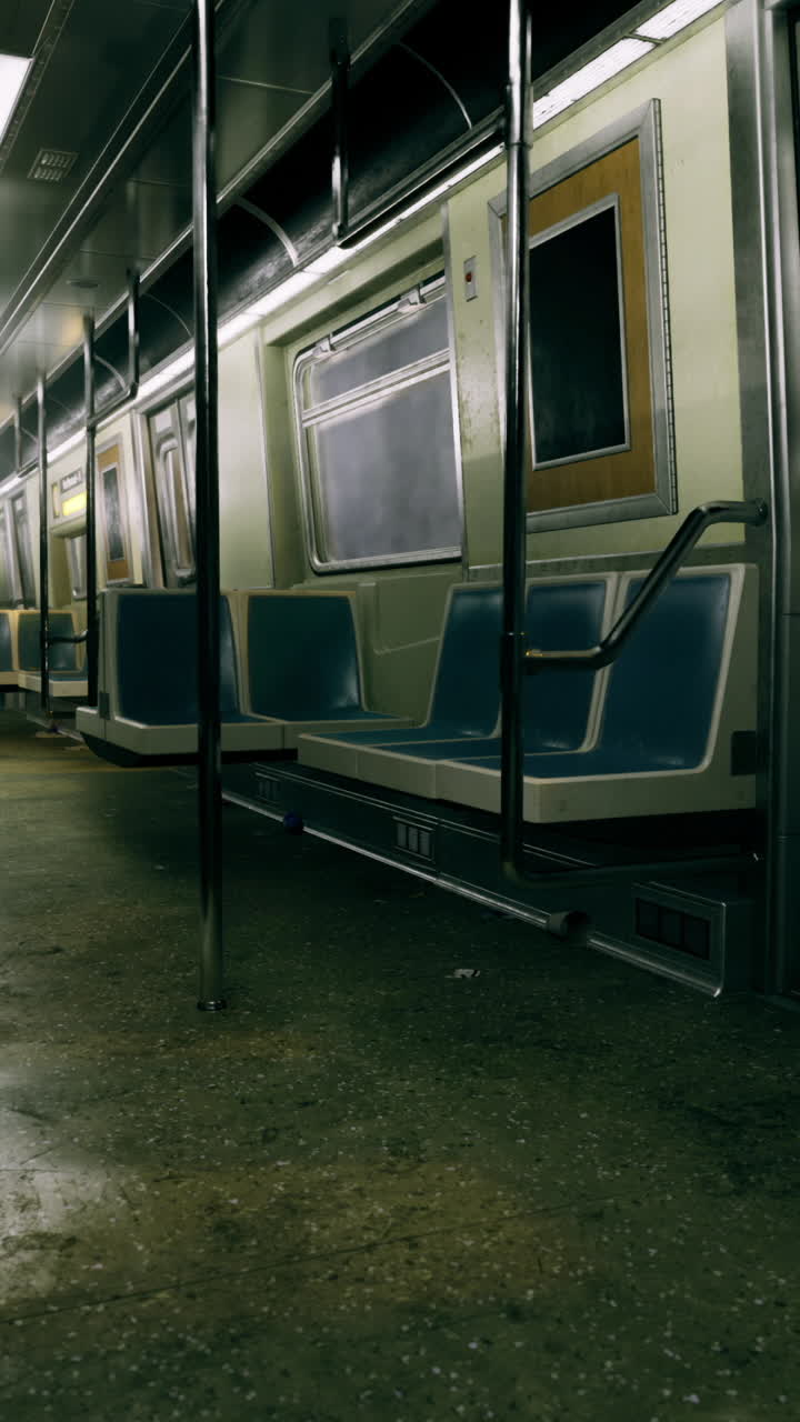 Vagone della metropolitana silenzioso di sera con sedili vuoti e illuminazione soffusa