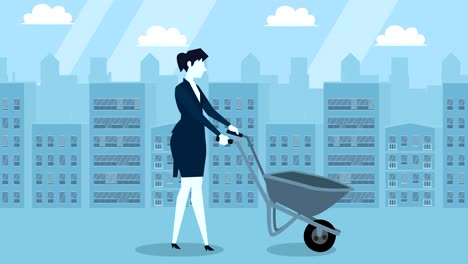 mujer de negocios de estilo azul chica caminando con carrito de empuje animación de personajes de dibujos animados planos